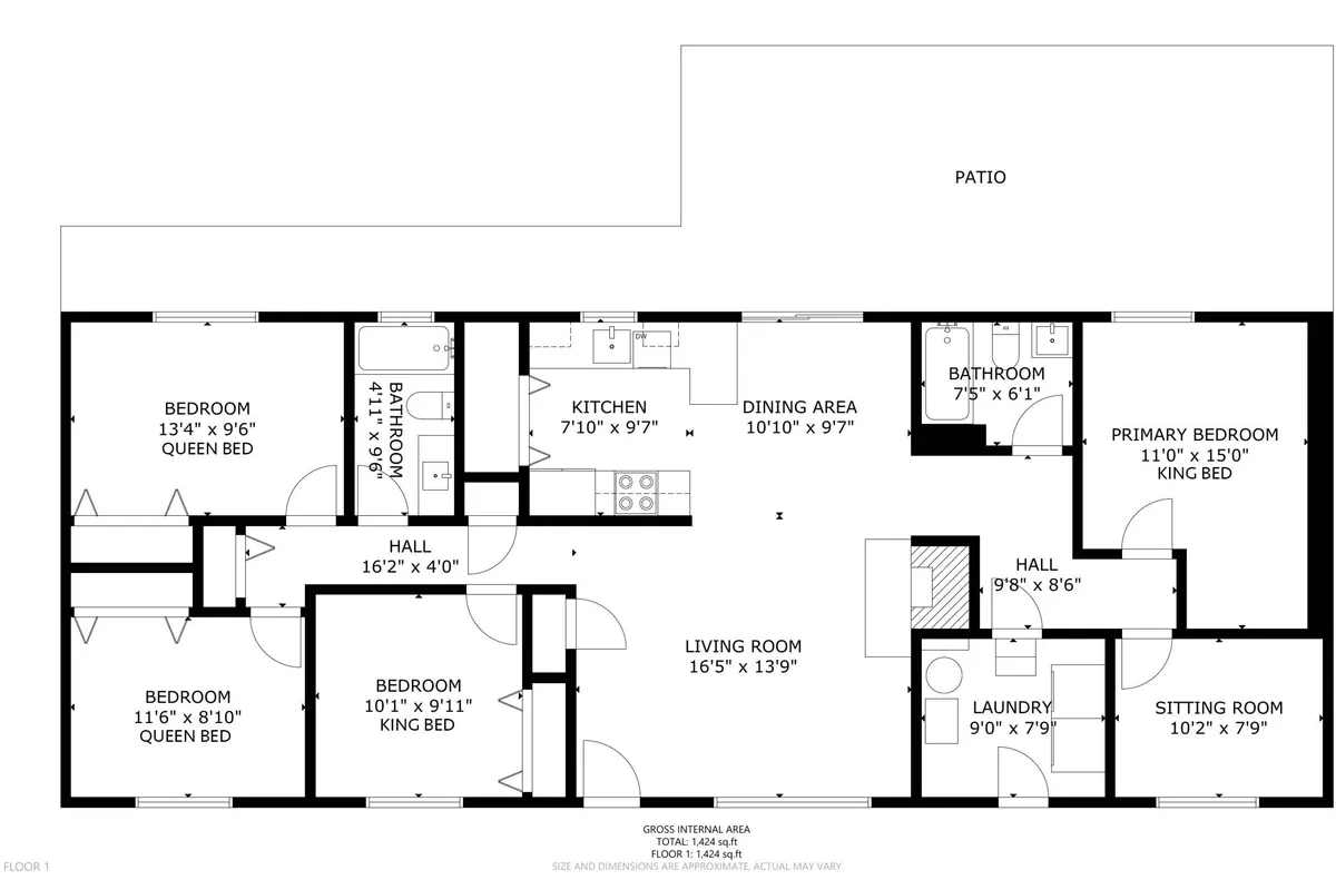 This image offers a broad perspective of the main communal areas, including the kitchen, dining area, living room, primary bedroom, and patio. The interconnectedness of these spaces is evident, highlighting the home's suitability for family gatherings and relaxation after city adventures.